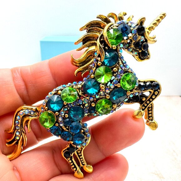 Large Unicorn Brooch Unicorn Rhinestone Brooch Blue Unicorn Pendant Gift for Her - Picture 2 of 3